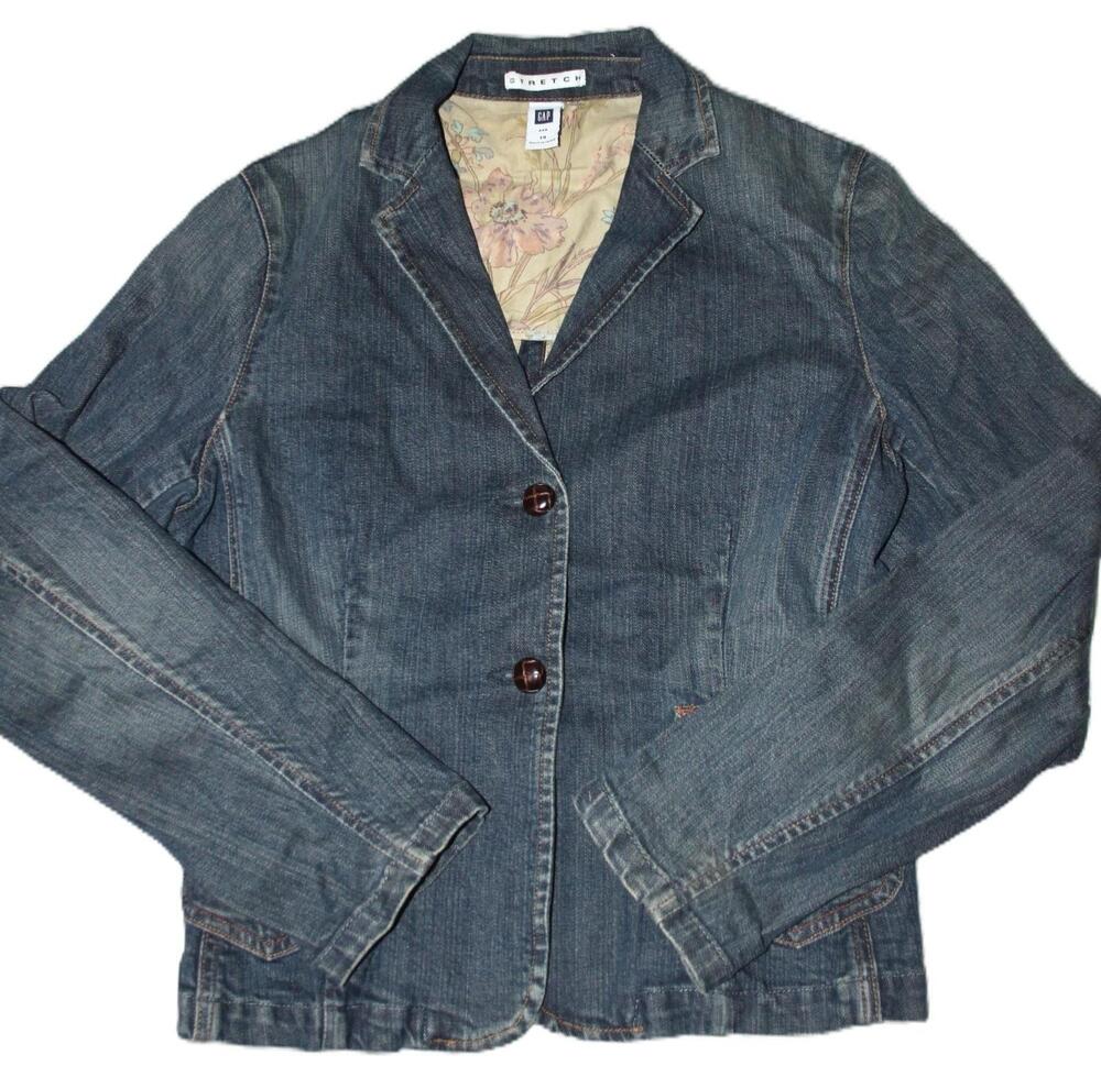 Gap Blazer Womens 14 Blue Denim Collared Lined Stretch Pockets Button Casual